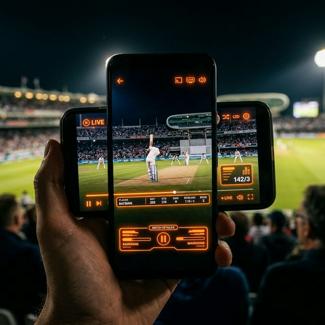 Live cricket streaming on Picasso App with stadium overlay and dark UI