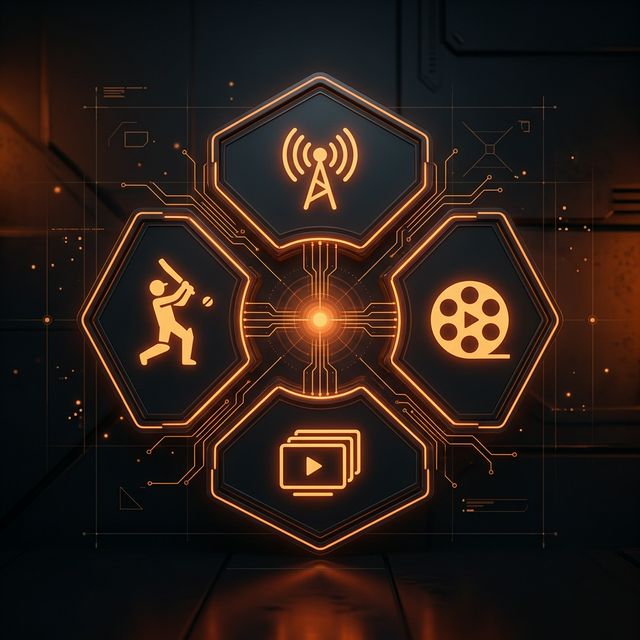 Picasso App features infographic showing live TV, cricket, movies, and web series categories