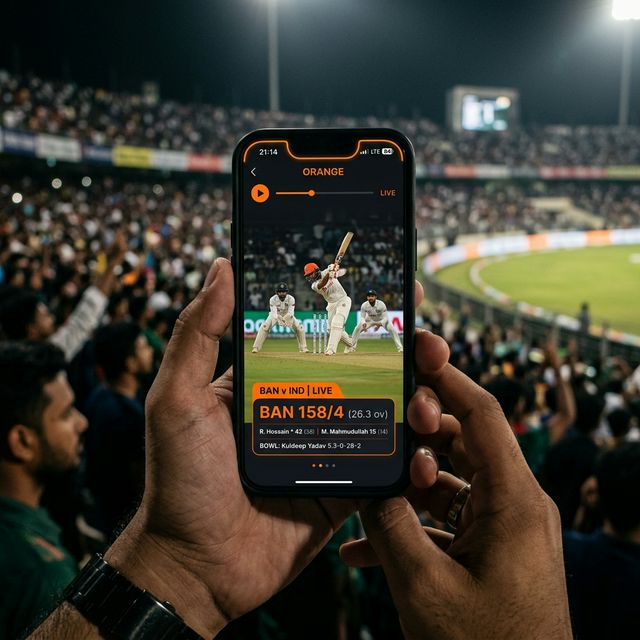 Live cricket streaming on Picasso App showing dark UI with orange score overlay